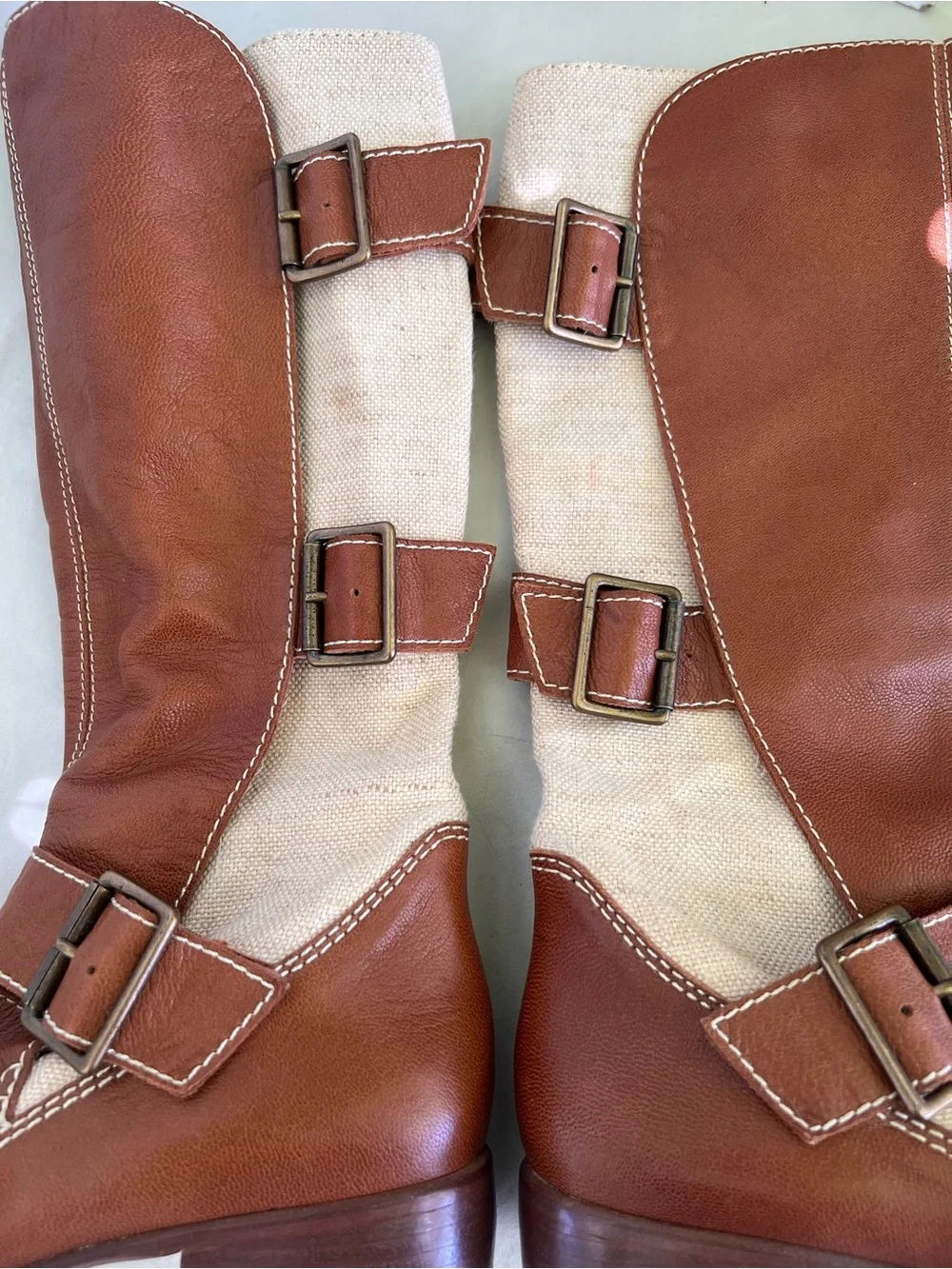 Women’s Corso Como  Tall Brown and Cream  canvas Buckle Riding Boots